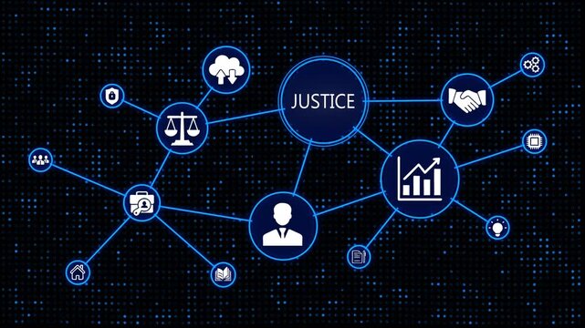 Justice Concept Network with Interconnected Representing Law, Business, and Technology on Dark Background with Blue Dots