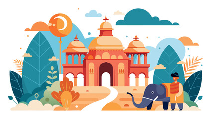 A vibrant illustration of a castle with a golden crown on top, surrounded by mountains and trees. Vector