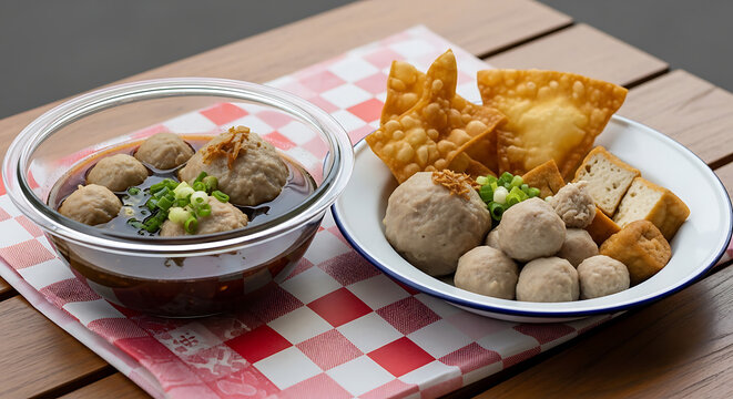 Delicious Indonesian Bakso with Fried Wontons and Tofu.