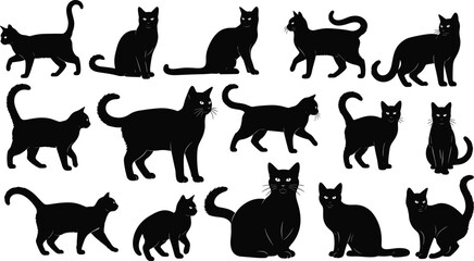 Black cat silhouettes illustration, feline poses vector artwork, minimalist animal design, domestic pet shapes, walking sitting stretching standing cats © Hamida