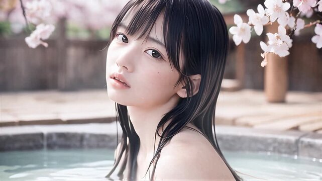 桜の咲く温泉露天風呂に入浴中の若い女性