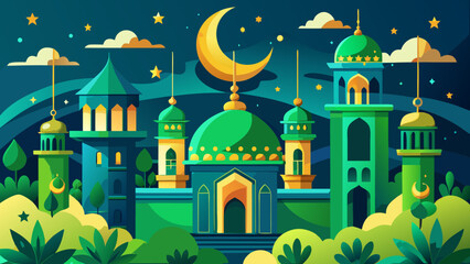 A whimsical illustration of a castle under a starry night sky with a crescent moon. Vector