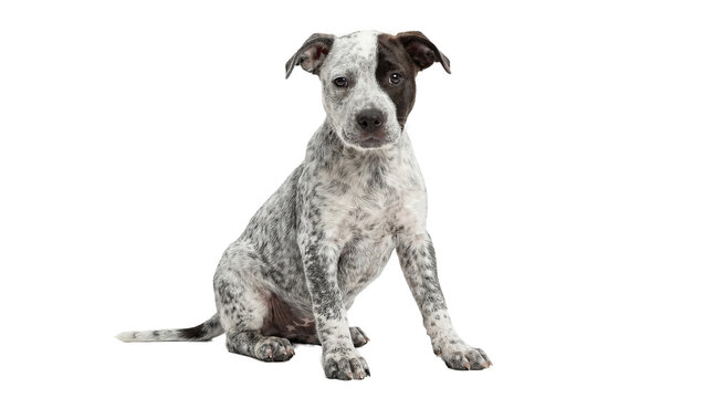 young australian cattle dog puppy sitting on transparent background, looking at the camera with black and white markings.