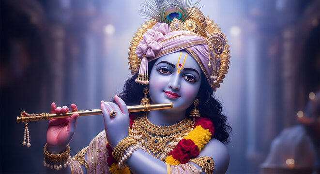 Detailed portrait of Lord Krishna playing the flute with soft bl