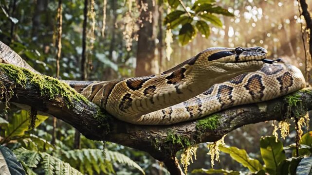 A large snake, patterned in brown and black, rests on a branch in a lush, green forest