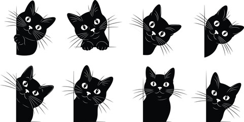 Black cat silhouettes peeking collection, cute feline icons, spooky animal figures, halloween decoration, whiskered pet shapes, isolated vector illustration design © Hamida