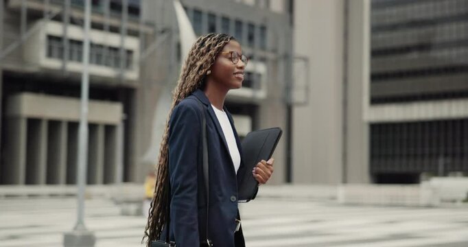 Walk, business and black woman in city for travel, thinking and real estate agent with tablet. Entrepreneur, town and person outdoor for morning commute, vision and happy realtor with reflection