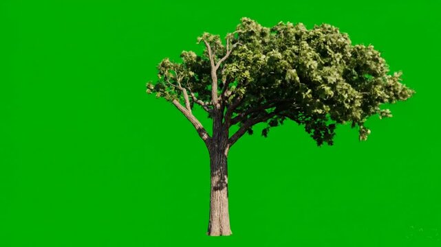 A single green-leafed tree with a brown trunk against a vibrant green screen background, perfect for digital compositing.