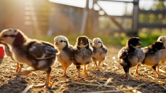 A group of fluffy chicks exploring the farmyard, illuminated by golden sunlight