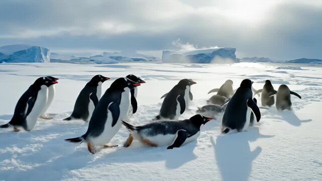 Adelie penguins waddle on icy snow. Icebergs loom under a bright sky with sun's glare