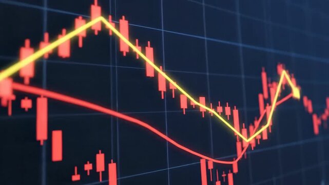 Stock market chart analysis with candlestick and trend line visuals