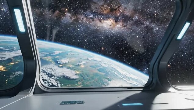 Space view from spacecraft window showing Earth and stars  