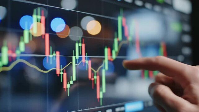 Stock market chart analysis with candlestick pattern on a screen