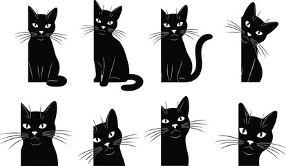 Black cat silhouettes puzzle collection, feline icons, cute animal figures, halloween decoration, whiskered pet shapes, isolated vector illustration design © Hamida