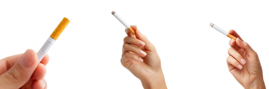 Three hands holding cigarettes in different positions white Isolated on a transparent background