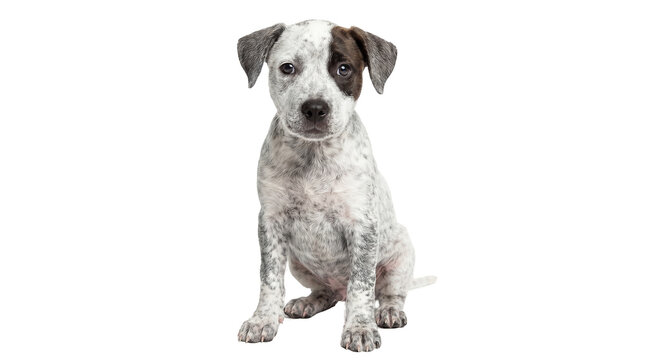 an endearing heeler puppy with striking grey and white speckles and a dark eye patch is captured sitting calmly on a transparent background, looking directly forward.