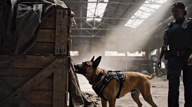 Police dog sniffs wooden crate as officer stands by in a dusty industrial warehouse