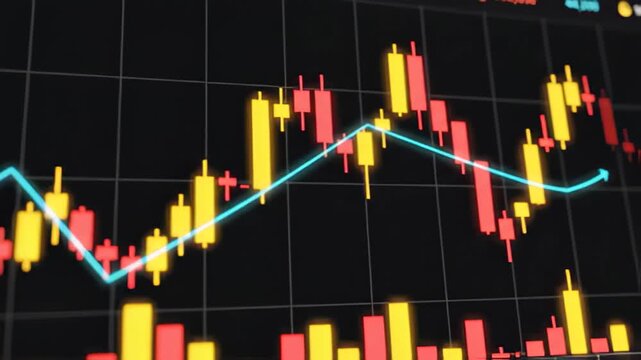 Stock market chart animation with candlesticks and trend line
