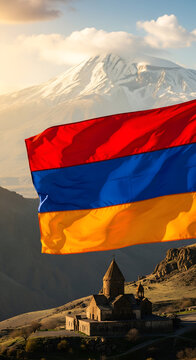 Armenian flag with historic khor virap monastery and mount ararat at dawn