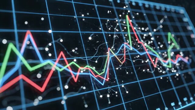 Stock market chart animation with rising and falling lines on grid