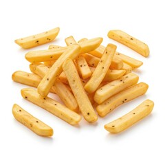 Golden french fries piled together isolated on white background