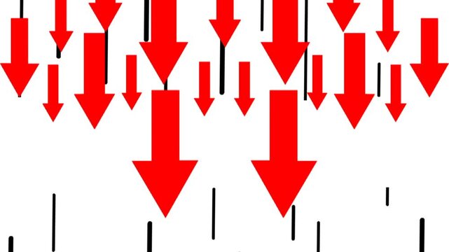 Animated red arrows falling downward representing economic recession and financial market decline isolated on white background.