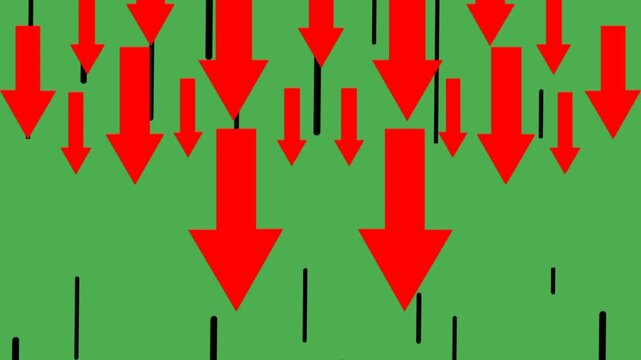 Animated red arrows falling downward symbolizing economic recession and financial crisis isolated on green background.