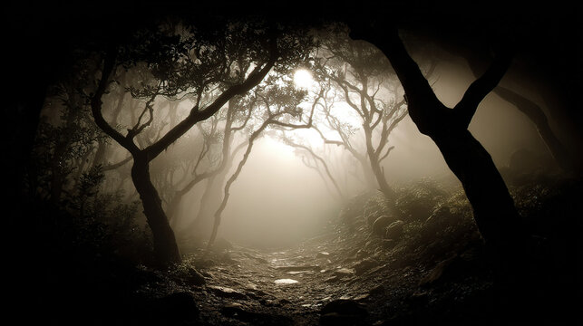 cryptographer. A misty forest path at night with moonlight filtering through silhouetted trees and atmospheric fog. travel magazines, destination branding, designed for travel destination branding.
