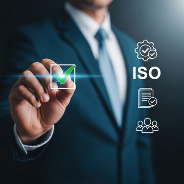 Businessman interacting with digital iso icons for quality management