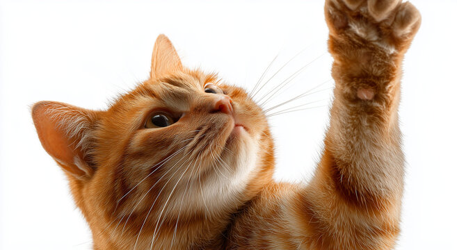 a cute orange tabby cat sitting on its hind legs, playfully waving with one paw, isolated against a white background.