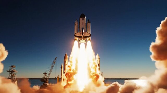 Space shuttle launching with fiery flames and billowing smoke at sunrise in a slow motion footage