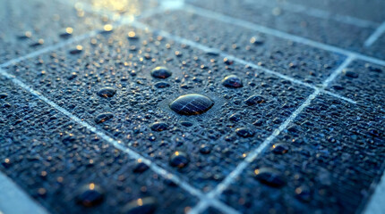 Close up of water droplets on a dark blue solar panel surface condensation