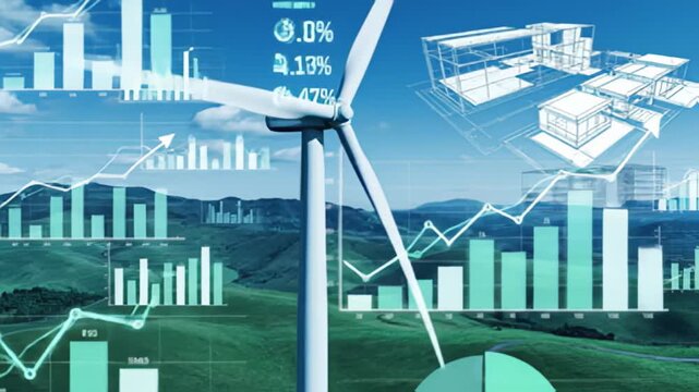 Wind turbine green energy with data visualization and 3 d model overlay