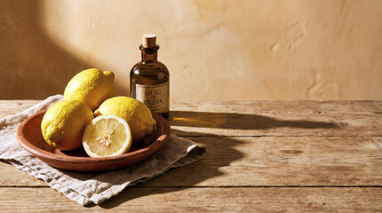 Fresh lemons in clay bowl with olive oil bottle on rustic wooden table citrus fruit