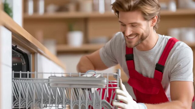 A male technician wearing vibrant red overalls is skillfully installing a dishwasher in a stylish modern kitchen. His friendly smile brightens the space as he works diligently