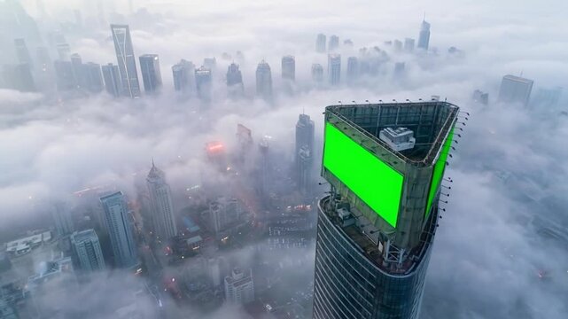 Aerial view of a modern skyscraper piercing the heavy fog and low clouds of a dense city skyline. The building features a large triangular green screen billboard on its roof