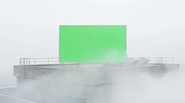 A large green screen billboard sits atop a concrete skyscraper rooftop shrouded in dense fog or steam offering an isolated and dramatic setting for digital advertisements movie posters