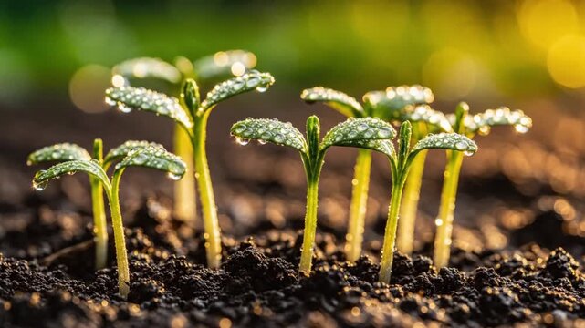 Close up timelapse footage of young seedlings sprouting from soil in vibrant natural light with dewdrops