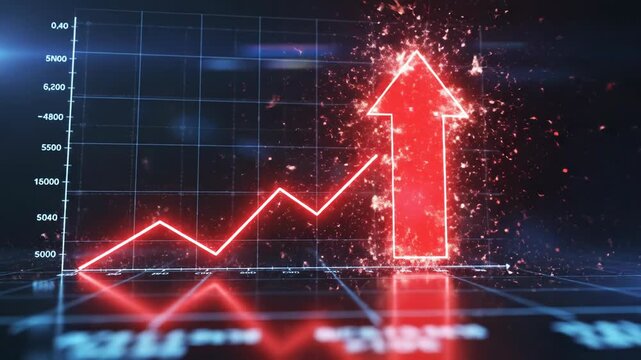 A 3D rendered graph featuring a glowing red line charting growth with a large upward arrow
