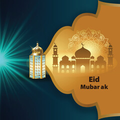 Golden Crescent Moon and Lanterns for Eid Mubarak Celebration