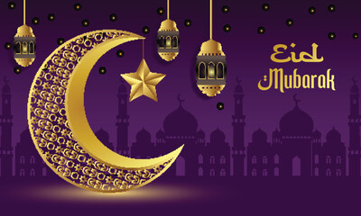 Golden Crescent Moon and Lanterns for Eid Mubarak Celebration