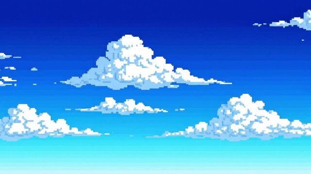 Animated pixel art footage of fluffy white clouds floating across a vibrant blue sky with soft transitions