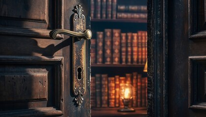 An antique wooden door, slightly ajar, reveals a cozy, dimly lit library filled with old books and a glowing lamp, suggesting mystery and knowledge