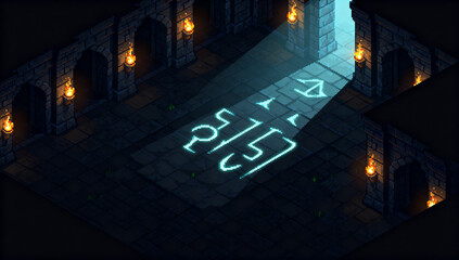 ルーンと松明が灯るダークストーンレイドダンジョンピクセルアート