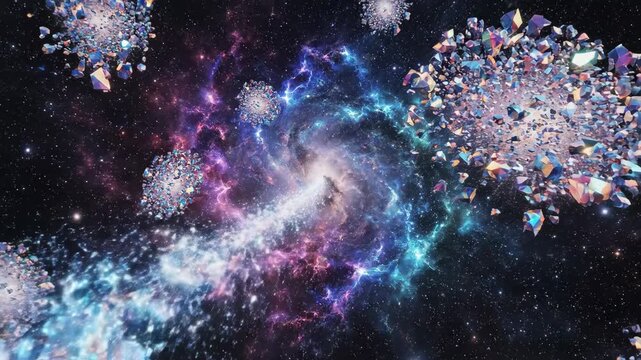 A vibrant cosmic galaxy explosion with bright lightning and shattered crystal elements set against a dark starry space background. Features blue, purple, and pink nebulae.
