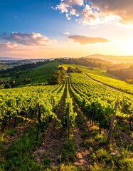 Rolling hills of a vineyard at sunrise, golden light bathes the rows