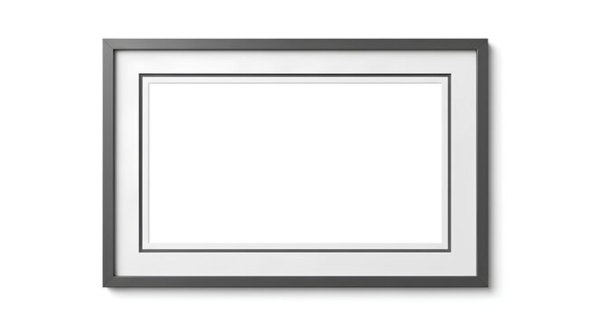 Empty rectangular picture frame with dark gray border and white matting, isolated on a white background