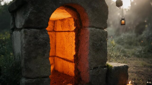 White dove and empty tomb of esus Christ  symbolizing the crucifixion and resurrection of Jesus Christ for Easter.