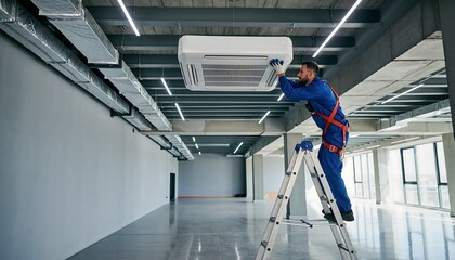 HVAC technician installing a new air conditioning unit on a ladder in a large empty commercial space