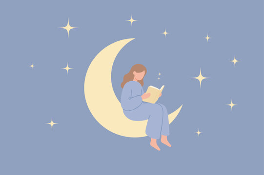 Woman sitting on crescent moon and reading a book under starry night sky illustration